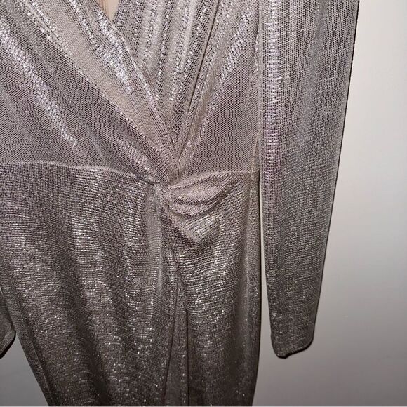 Eliza J Silver Metallic V-Neck Twist Front Plunging Long-Sleeve Wrap Gown - Picture 6 of 15